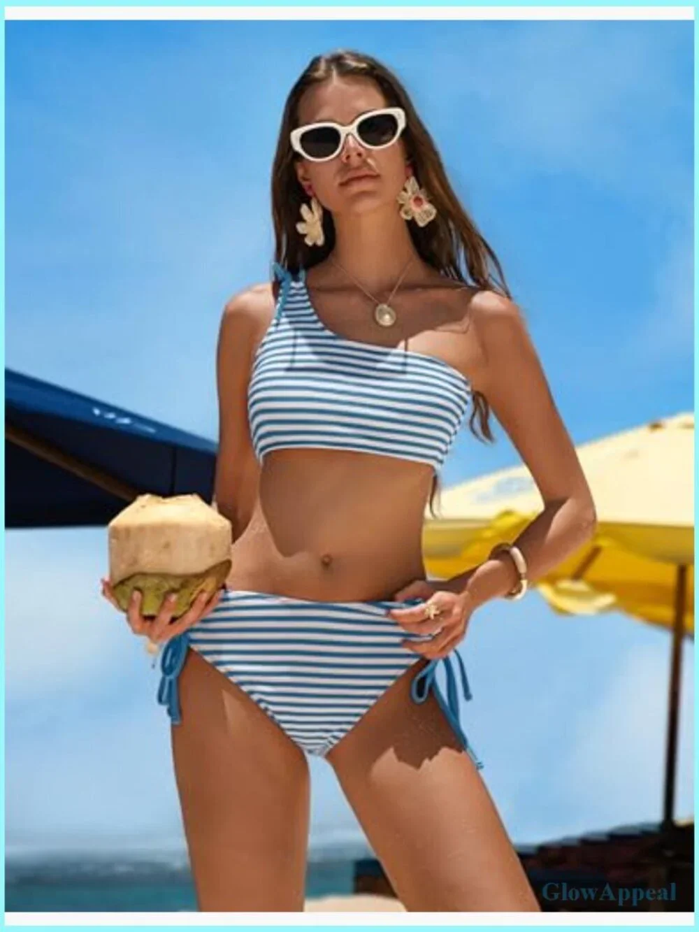 One Shoulder Bikini Set Double Straps Tummy Control High Waisted Bandeau